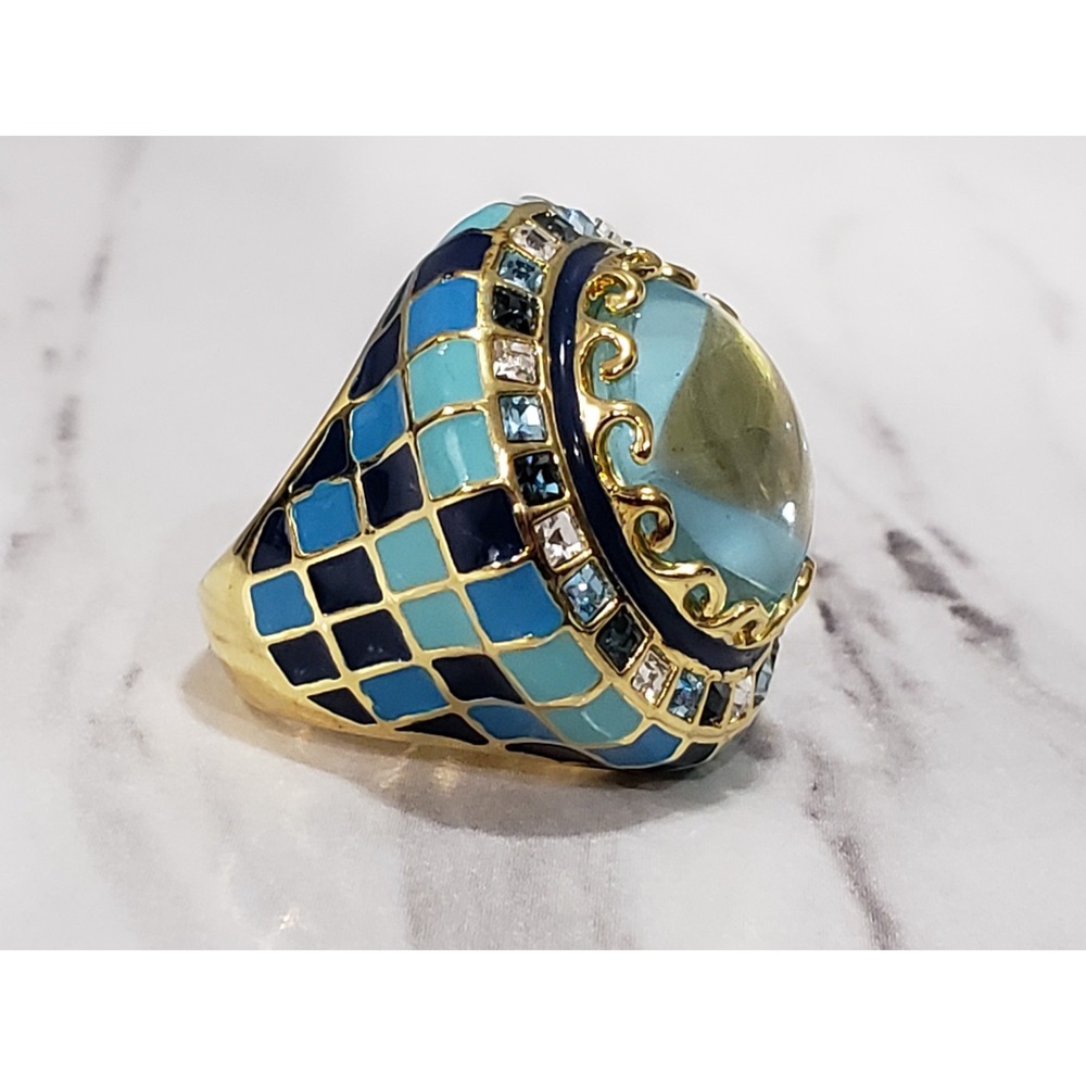Lauren G Adams Checker blue Enamel Cocktail Ring maximalist whimsical harlequin